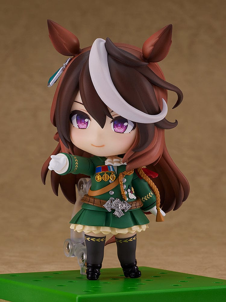 Uma Musume: Pretty Derby Nendoroid No.2619 Symboli Rudolf in her elegant green racing uniform with medals and a red cape.