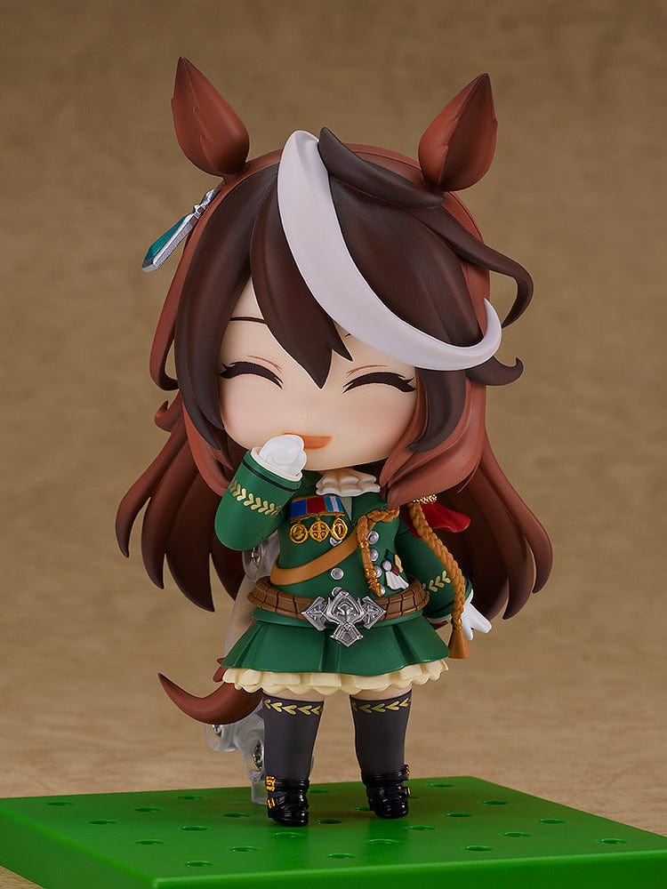 Uma Musume: Pretty Derby Nendoroid No.2619 Symboli Rudolf in her elegant green racing uniform with medals and a red cape.