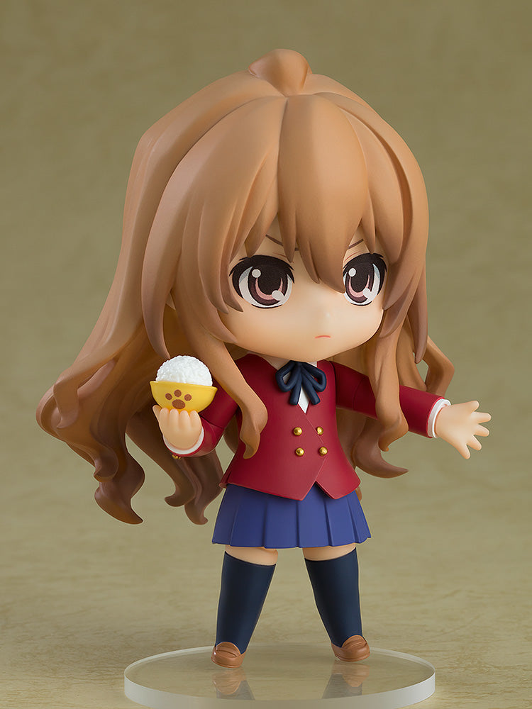 Toradora! Nendoroid No.2523 Taiga Aisaka 2.0 featuring classic school uniform, fierce expression, and interchangeable parts, perfect for fans and collectors.