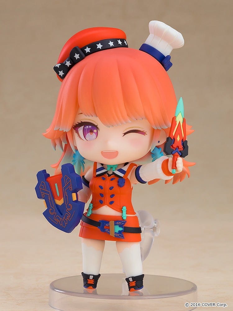 Nendoroid Takanashi Kiara from Hololive Production in her Phoenix-inspired outfit, holding her shield and sword, with a cheerful expression.