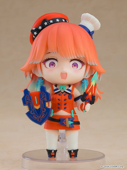 Nendoroid Takanashi Kiara from Hololive Production in her Phoenix-inspired outfit, holding her shield and sword, with a cheerful expression.