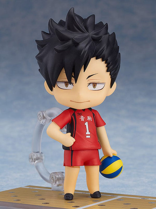 Haikyu!! Nendoroid Tetsuro Kuroo (3rd-run) in Nekoma High's red uniform with number 1, showcasing his signature smirk and holding a volleyball, on a volleyball court background.