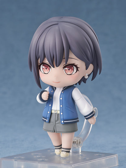 "BanG Dream! Nendoroid No.2536 Tomori Takamatsu - Detailed chibi anime figure of Tomori in her casual outfit, with a blue varsity jacket, gray shorts, and expressive face."