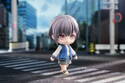 "BanG Dream! Nendoroid No.2536 Tomori Takamatsu - Detailed chibi anime figure of Tomori in her casual outfit, with a blue varsity jacket, gray shorts, and expressive face."