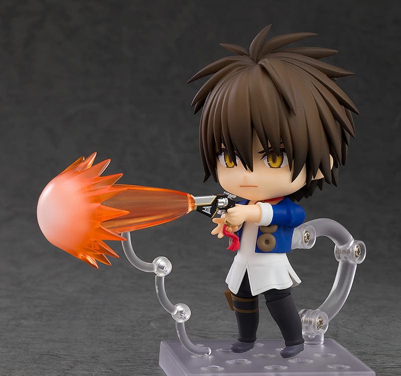 Black Cat Nendoroid No.2510 Train Heartnet holding his signature Hades revolver, dressed in his iconic blue jacket and white undershirt.