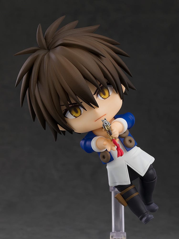 Black Cat Nendoroid No.2510 Train Heartnet holding his signature Hades revolver, dressed in his iconic blue jacket and white undershirt.
