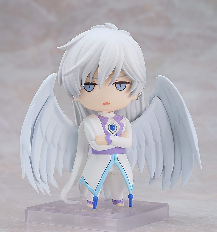 Elegantly designed Nendoroid of Yue from 'Cardcaptor Sakura' with expansive white wings, silver hair, and detailed celestial costume, showcasing his guardian form.