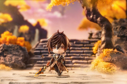 Genshin Impact Nendoroid No.2582 Zhongli featuring the Geo Archon with his signature spear and mini Geo construct in a chibi-style figure.