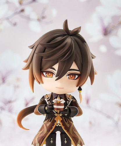 Genshin Impact Nendoroid No.2582 Zhongli featuring the Geo Archon with his signature spear and mini Geo construct in a chibi-style figure.