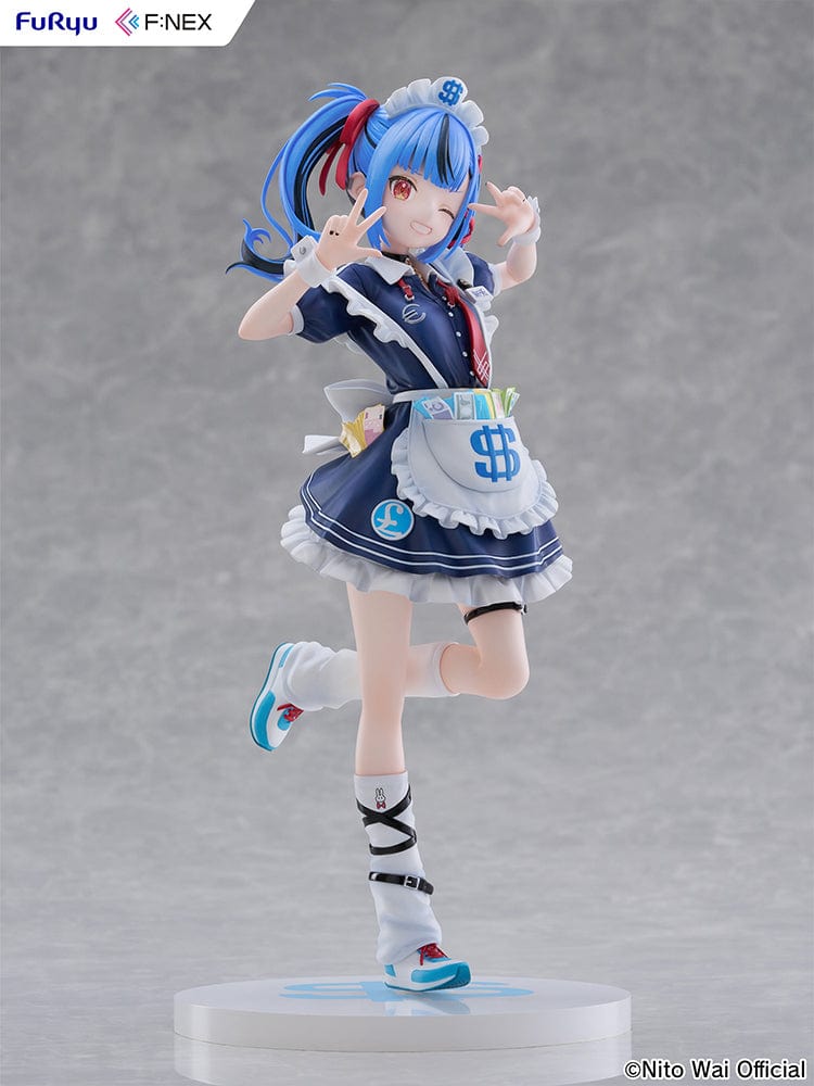 VTuber NitoWai 1/7 Scale Figure in a playful pose with a maid-themed outfit, blue twin-tails, and dollar sign accents