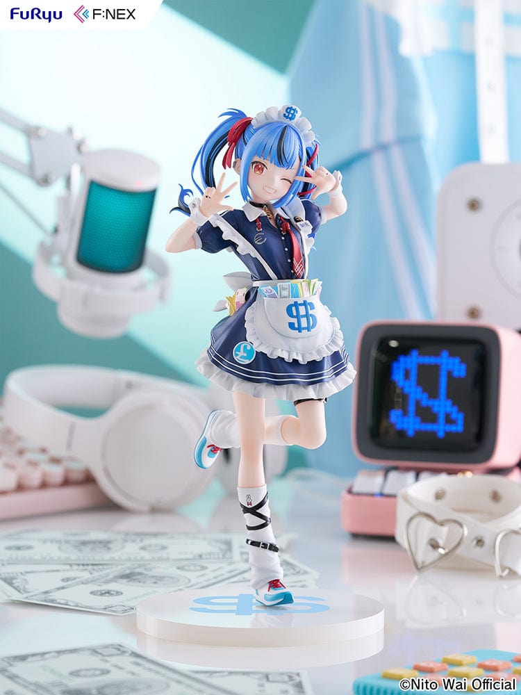 VTuber NitoWai 1/7 Scale Figure in a playful pose with a maid-themed outfit, blue twin-tails, and dollar sign accents