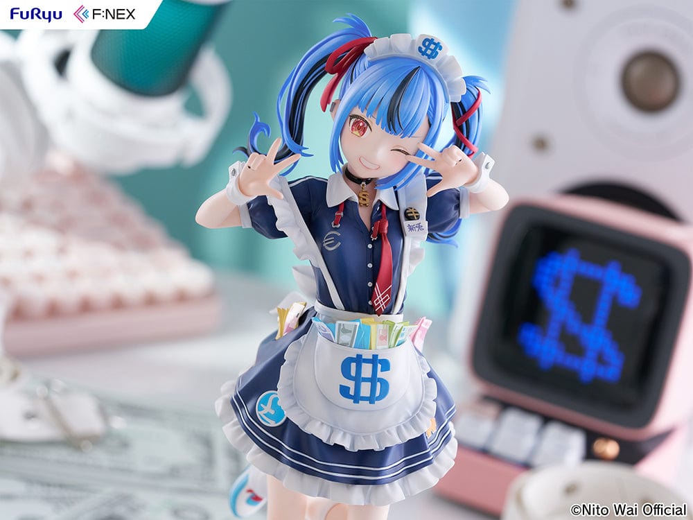 VTuber NitoWai 1/7 Scale Figure in a playful pose with a maid-themed outfit, blue twin-tails, and dollar sign accents