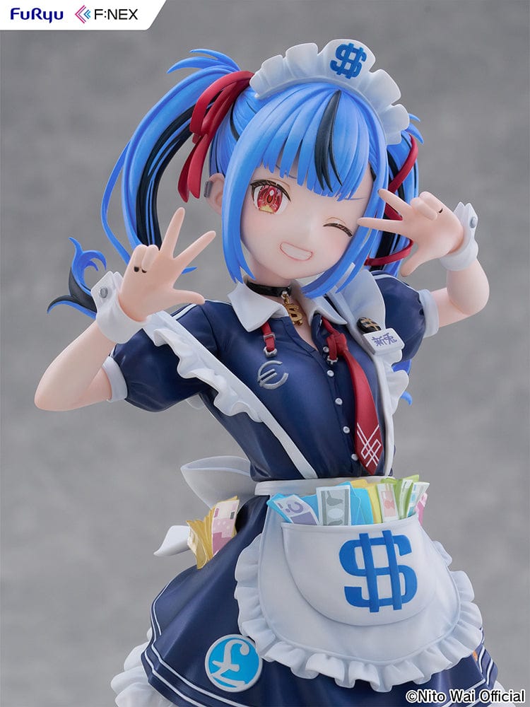 VTuber NitoWai 1/7 Scale Figure in a playful pose with a maid-themed outfit, blue twin-tails, and dollar sign accents