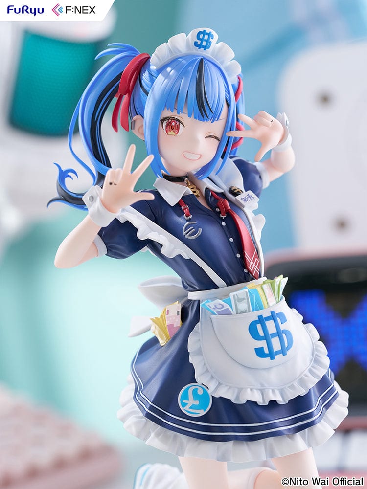 VTuber NitoWai 1/7 Scale Figure in a playful pose with a maid-themed outfit, blue twin-tails, and dollar sign accents