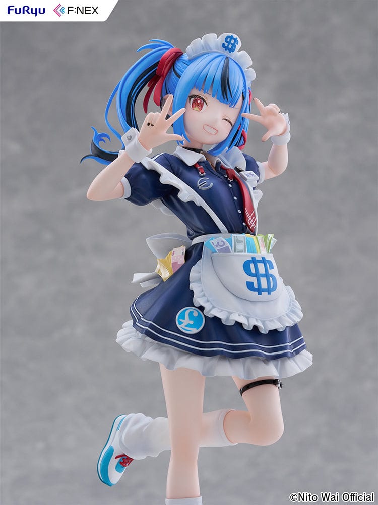 VTuber NitoWai 1/7 Scale Figure in a playful pose with a maid-themed outfit, blue twin-tails, and dollar sign accents