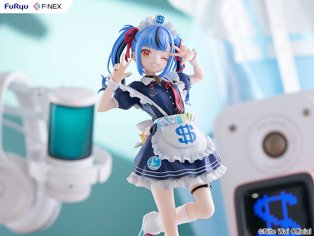 VTuber NitoWai 1/7 Scale Figure in a playful pose with a maid-themed outfit, blue twin-tails, and dollar sign accents