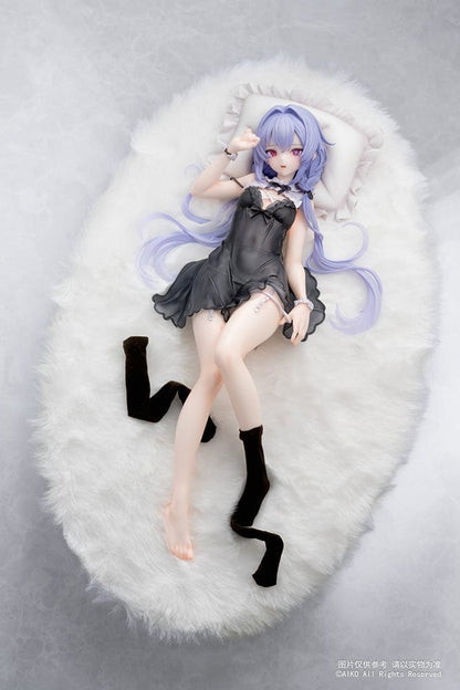 Niya (Hidden Forest Ver.) 1/7 Scale Figure lying elegantly on a fluffy white base, wearing a detailed black lace outfit with lavender hair flowing gracefully.