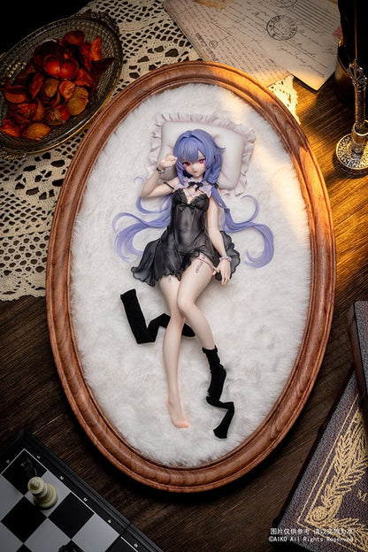 Niya (Hidden Forest Ver.) 1/7 Scale Figure lying elegantly on a fluffy white base, wearing a detailed black lace outfit with lavender hair flowing gracefully.