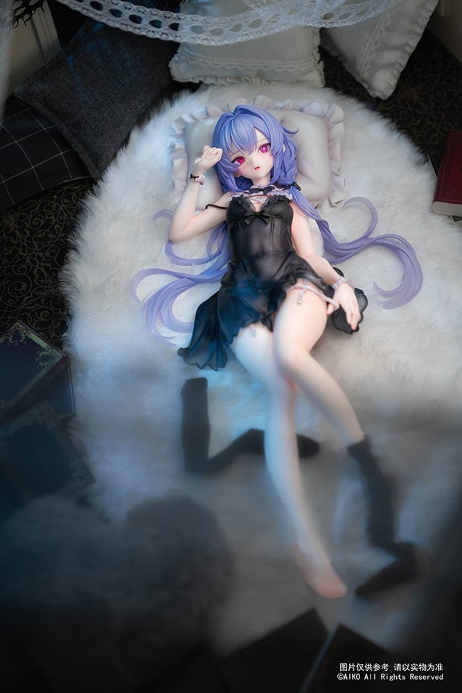 Niya (Hidden Forest Ver.) 1/7 Scale Figure lying elegantly on a fluffy white base, wearing a detailed black lace outfit with lavender hair flowing gracefully.