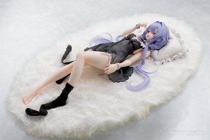 Niya (Hidden Forest Ver.) 1/7 Scale Figure lying elegantly on a fluffy white base, wearing a detailed black lace outfit with lavender hair flowing gracefully.