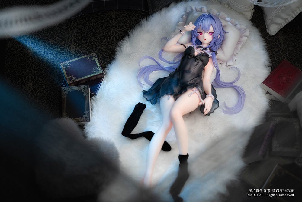 Niya (Hidden Forest Ver.) 1/7 Scale Figure lying elegantly on a fluffy white base, wearing a detailed black lace outfit with lavender hair flowing gracefully.