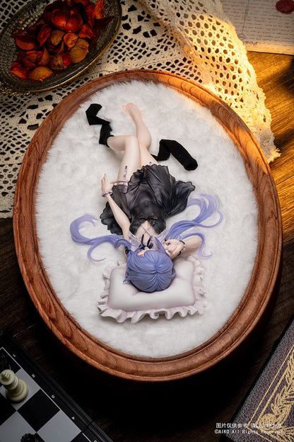 Niya (Hidden Forest Ver.) 1/7 Scale Figure lying elegantly on a fluffy white base, wearing a detailed black lace outfit with lavender hair flowing gracefully.