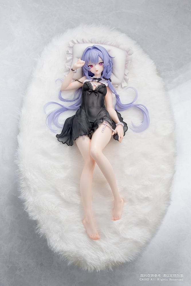 Niya (Hidden Forest Ver.) 1/7 Scale Figure lying elegantly on a fluffy white base, wearing a detailed black lace outfit with lavender hair flowing gracefully.