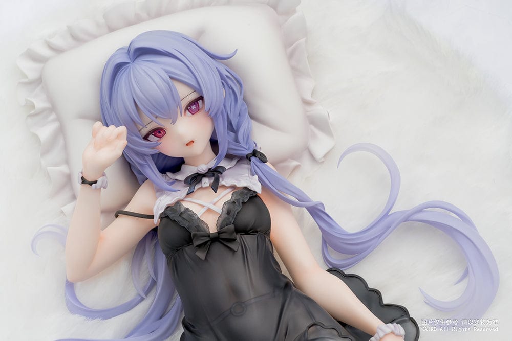 Niya (Hidden Forest Ver.) 1/7 Scale Figure lying elegantly on a fluffy white base, wearing a detailed black lace outfit with lavender hair flowing gracefully.