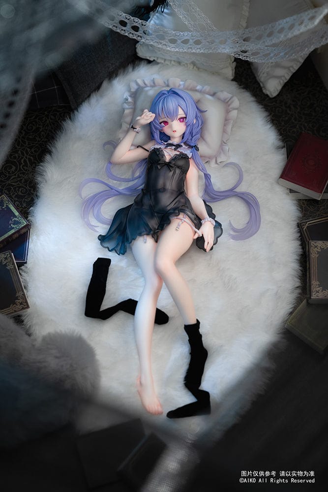 Niya (Hidden Forest Ver.) 1/7 Scale Figure lying elegantly on a fluffy white base, wearing a detailed black lace outfit with lavender hair flowing gracefully.