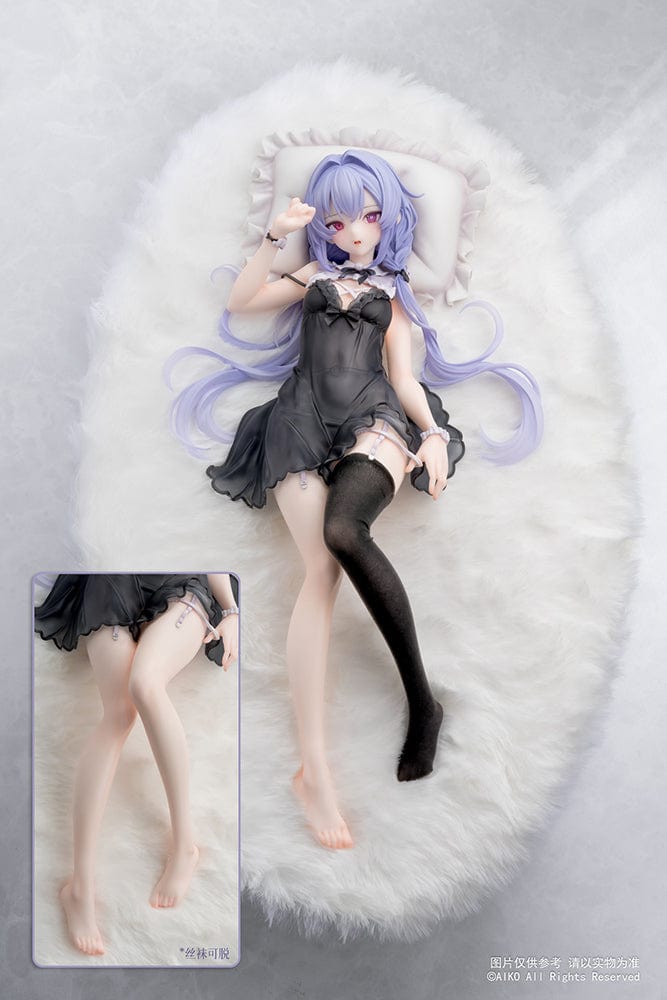 Niya (Hidden Forest Ver.) 1/7 Scale Figure lying elegantly on a fluffy white base, wearing a detailed black lace outfit with lavender hair flowing gracefully.