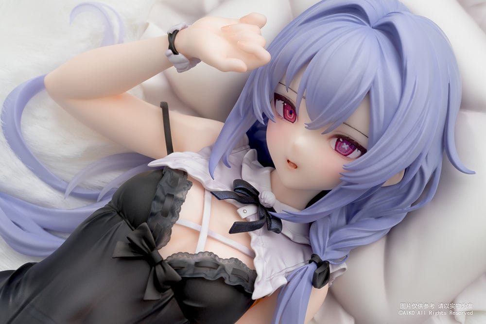 Niya (Hidden Forest Ver.) 1/7 Scale Figure lying elegantly on a fluffy white base, wearing a detailed black lace outfit with lavender hair flowing gracefully.