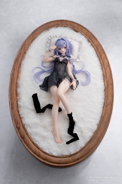 Niya (Hidden Forest Ver.) 1/7 Scale Figure lying elegantly on a fluffy white base, wearing a detailed black lace outfit with lavender hair flowing gracefully.