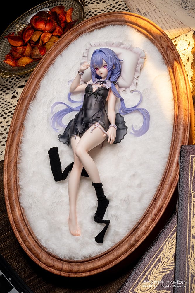 Niya (Hidden Forest Ver.) 1/7 Scale Figure lying elegantly on a fluffy white base, wearing a detailed black lace outfit with lavender hair flowing gracefully.