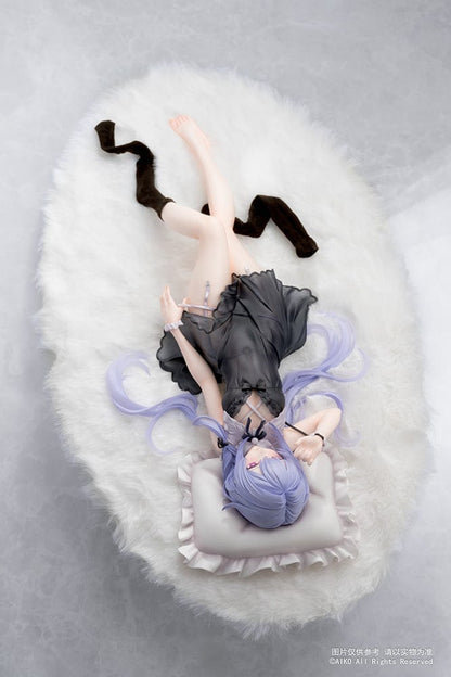 Niya (Hidden Forest Ver.) 1/7 Scale Figure lying elegantly on a fluffy white base, wearing a detailed black lace outfit with lavender hair flowing gracefully.