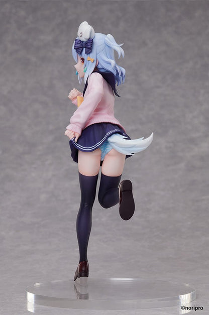 NoriPro Tamaki Inuyama 1/7 scale figure in a playful running pose, wearing a pink school uniform jacket and navy skirt. A white, smiling creature sits on her head, and her blue hair flows dynamically as she moves. The figure stands on a clear circular base.