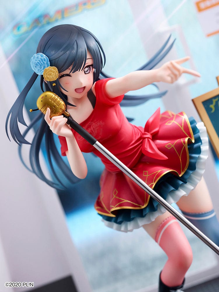 Love Live! Nijigasaki High School Idol Club DreamTech Setsuna Yuki (ODAIBA Gamers Kanban Musume) 1/7 Scale Figure (Reissue) featuring Setsuna holding a microphone and posing with a Gamers signboard.