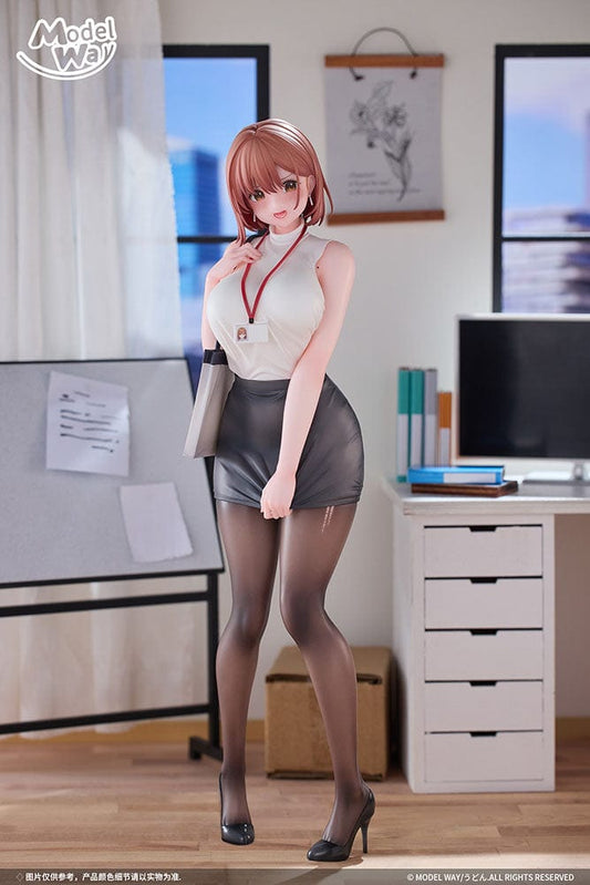 Udon Illustration OL-chan 1/6 Scale Figure in white blouse, black skirt, and sheer tights, holding a folder with an ID badge.