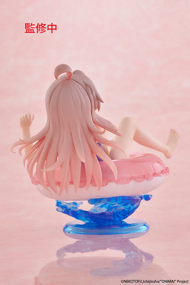 ONIMAI: I'm Now Your Sister! Aqua Float Girls Mahiro Oyama Figure sitting on a pink inflatable ring with water splash effects, featuring a surprised expression and classic swimsuit.