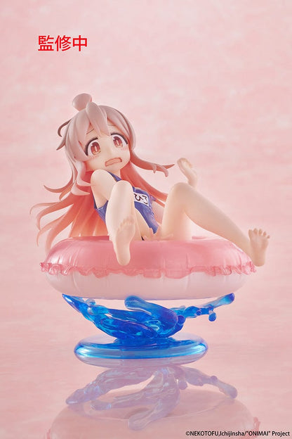 ONIMAI: I'm Now Your Sister! Aqua Float Girls Mahiro Oyama Figure sitting on a pink inflatable ring with water splash effects, featuring a surprised expression and classic swimsuit.