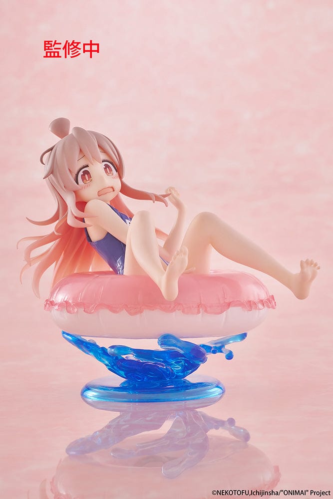 ONIMAI: I'm Now Your Sister! Aqua Float Girls Mahiro Oyama Figure sitting on a pink inflatable ring with water splash effects, featuring a surprised expression and classic swimsuit.