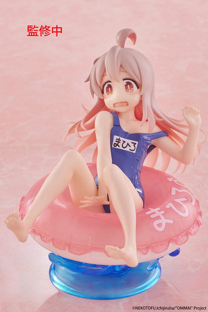 ONIMAI: I'm Now Your Sister! Aqua Float Girls Mahiro Oyama Figure sitting on a pink inflatable ring with water splash effects, featuring a surprised expression and classic swimsuit.