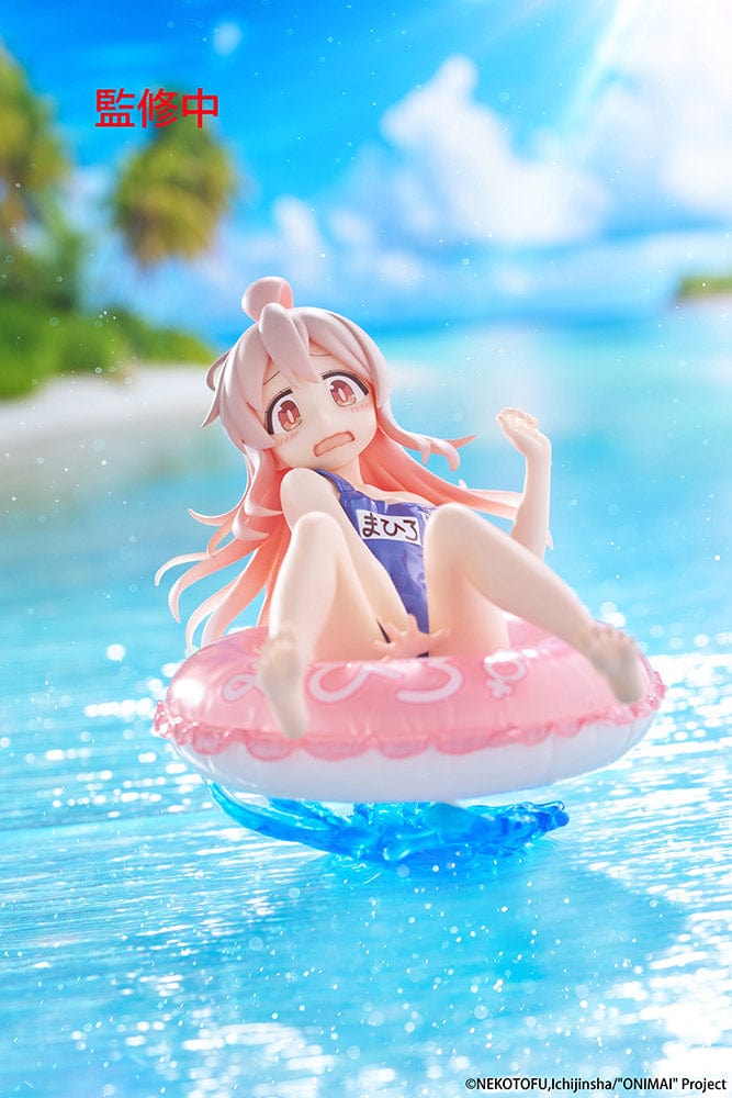 ONIMAI: I'm Now Your Sister! Aqua Float Girls Mahiro Oyama Figure sitting on a pink inflatable ring with water splash effects, featuring a surprised expression and classic swimsuit.