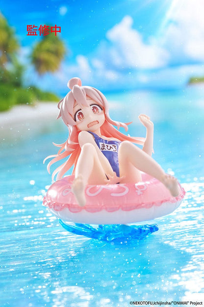 ONIMAI: I'm Now Your Sister! Aqua Float Girls Mahiro Oyama Figure sitting on a pink inflatable ring with water splash effects, featuring a surprised expression and classic swimsuit.