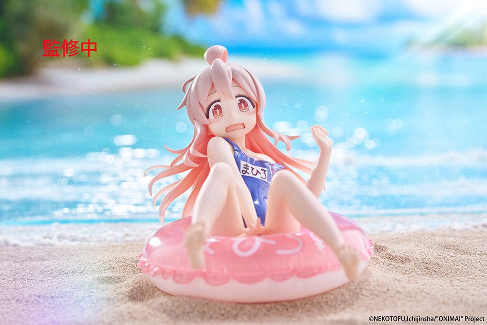 ONIMAI: I'm Now Your Sister! Aqua Float Girls Mahiro Oyama Figure sitting on a pink inflatable ring with water splash effects, featuring a surprised expression and classic swimsuit.