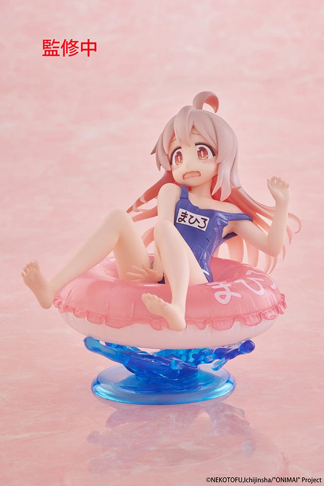 ONIMAI: I'm Now Your Sister! Aqua Float Girls Mahiro Oyama Figure sitting on a pink inflatable ring with water splash effects, featuring a surprised expression and classic swimsuit.