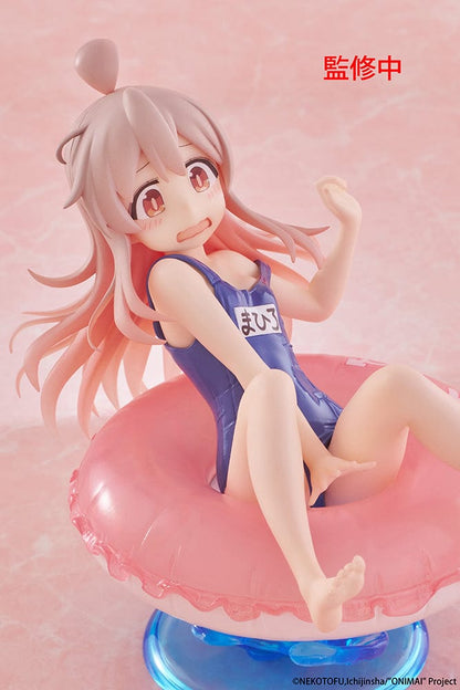 ONIMAI: I'm Now Your Sister! Aqua Float Girls Mahiro Oyama Figure sitting on a pink inflatable ring with water splash effects, featuring a surprised expression and classic swimsuit.