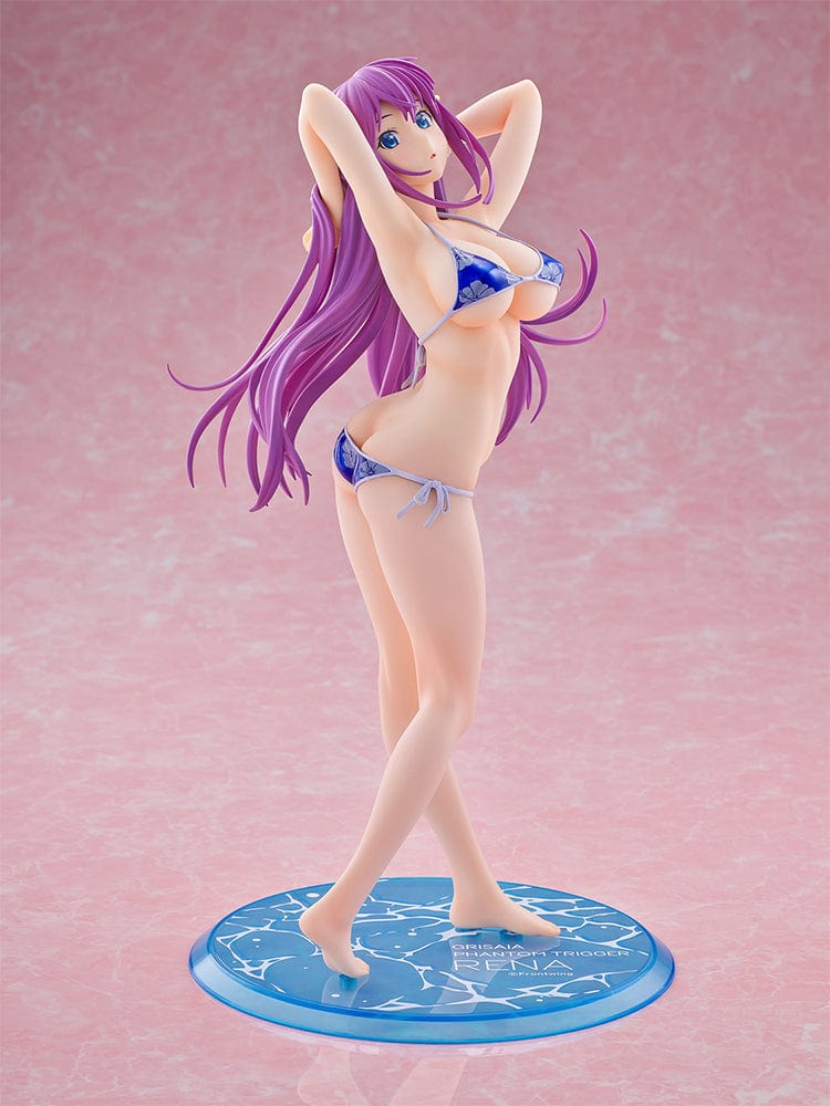 Grisaia: Phantom Trigger Rena Fukami (Metallic Blue Ver.) 1/6 Scale Figure featuring Rena in a metallic blue bikini, dynamic pose, and translucent decorative base.