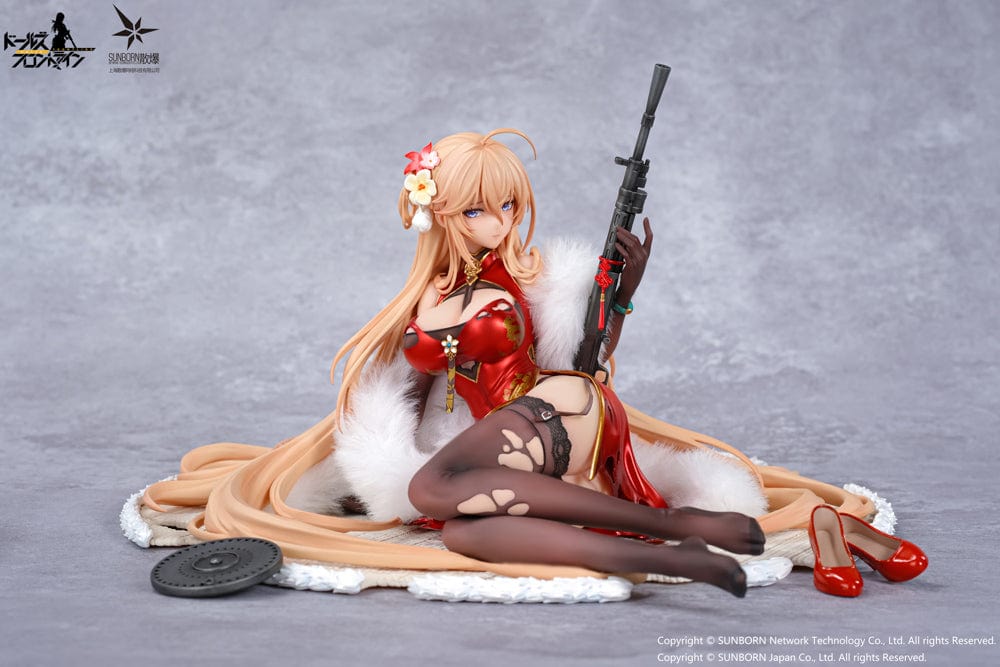 Girls' Frontline DP28 Coiled Morning Glory Heavy Damage Ver. 1/7 Scale Figure, with character in a red dress and combat gear, seated with her signature weapon, exuding a serene yet resilient aura.