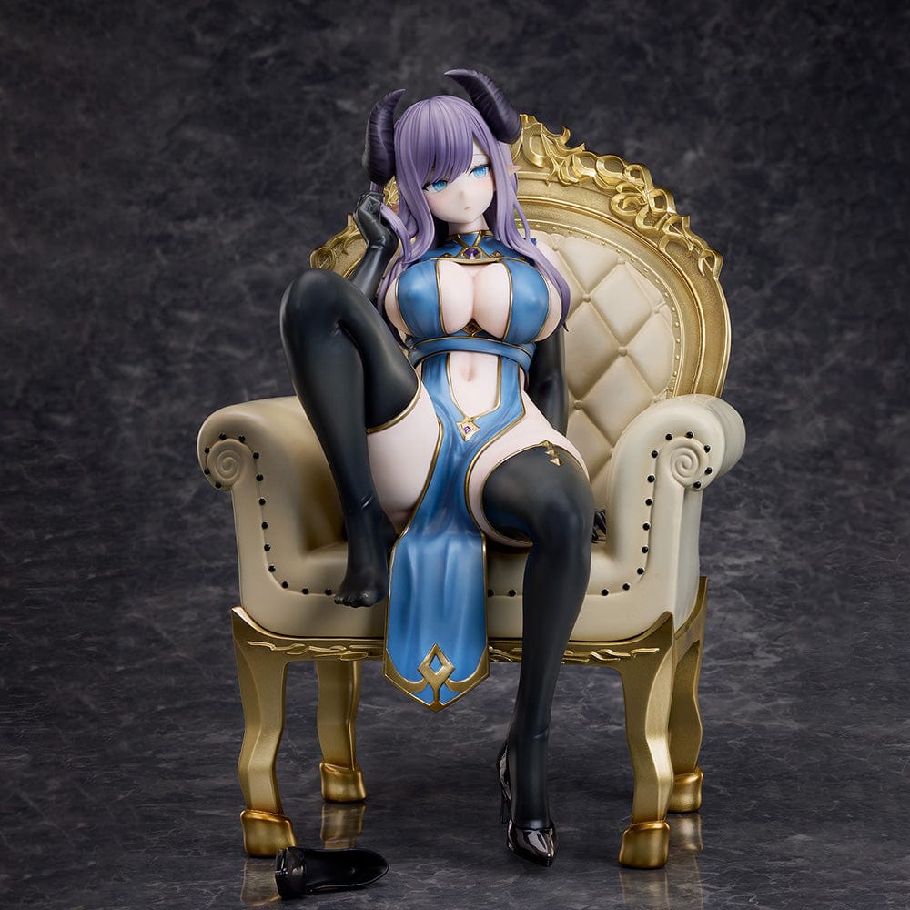 Oekakizuki Illustration Vio 1/6 Scale Figure seated on an ornate throne, wearing a blue and black outfit with black horns and lavender hair.