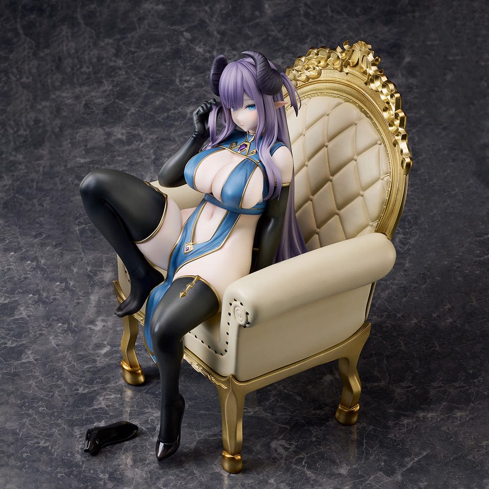 Oekakizuki Illustration Vio 1/6 Scale Figure seated on an ornate throne, wearing a blue and black outfit with black horns and lavender hair.